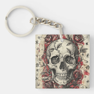 Porte-clés Illustration de crâne et de roses Grunge Punk