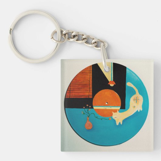 Porte-clés Illustration de disque rétro de chat qui s'étire (Devant)