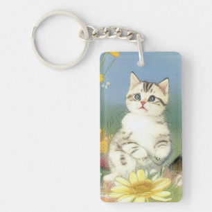 Porte-clés Illustration de Kitten vintage avec Fleurs Jaunes