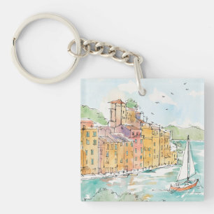Porte-clés Illustration de port de Porofino avec le voilier