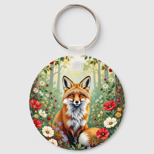 Porte-clés Illustration de renard dans une forêt de fleurs sa (Recto)