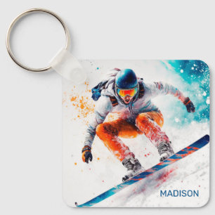 Porte-clés Illustration de snowboarder de nom personnalisé
