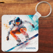 Porte-clés Illustration de snowboarder de nom personnalisé (Verso)