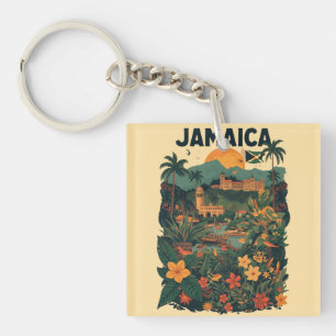 Porte-clés Illustration de voyage à la Jamaïque de style vint