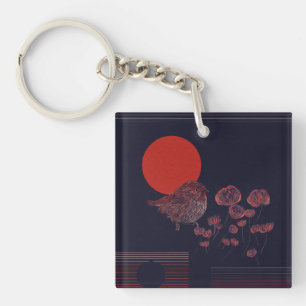 Porte-clés Illustration du soleil rouge avec un rouge-gorge