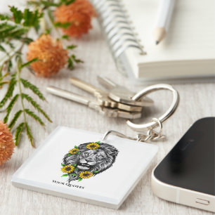 Porte-clés Illustration florale Lion et Tournesol