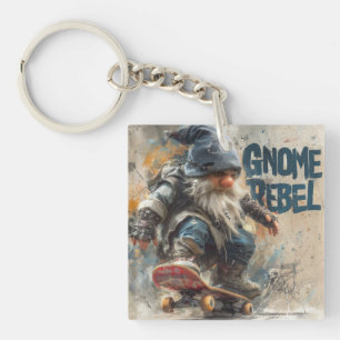 Porte-clés illustration graphique de gnome rebelle en skatebo