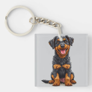 Porte-clés Illustration joyeuse d'un chien noir et feu