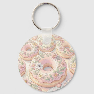 Porte-clés Illustration Pastel de Donuts Rose Floral