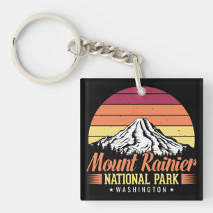 Porte-clés Illustration Rétro du Mont Rainier au coucher du s
