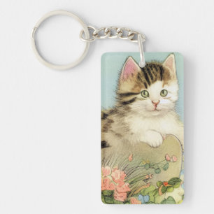 Porte-clés Illustration vintage de chat avec fleurs roses