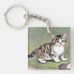 Porte-clés Illustration vintage de chaton rayé