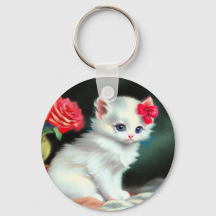 Porte-clés Illustration vintage de Kitten blanc avec fleurs r