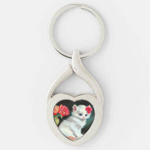 Porte-clés Illustration vintage de Kitten blanc avec fleurs r