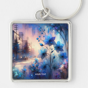 Porte-clés Imaginaire Bleu mignon Fleurs Ville