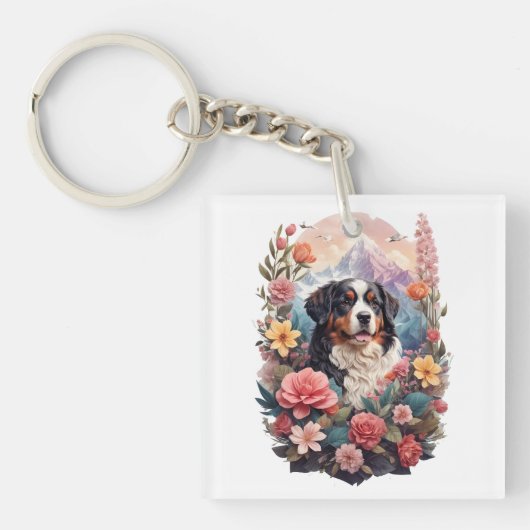 Porte-clés imaginaire floral 3D Bernese Mountain Dog Birds Vi (Devant)