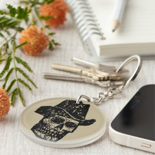 Porte-clés Impression crâne de cowboy vintage avec vieux chap