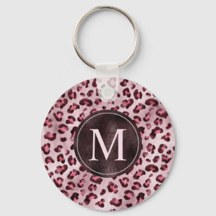 Porte-clés Impression d'animal à léopard rose avec monogramme