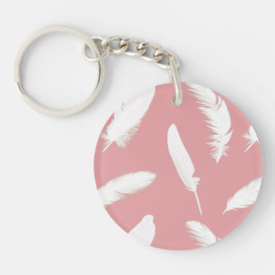 Porte-clés Impression de plume blanche sur rose coquillage