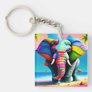 Porte-clés Impression d'éléphant arc-en-ciel drôle et ludique