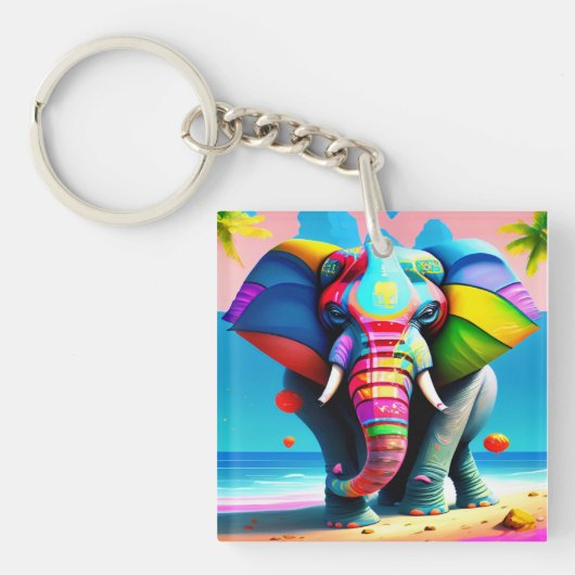 Porte-clés Impression d'éléphant arc-en-ciel drôle et ludique (Devant)