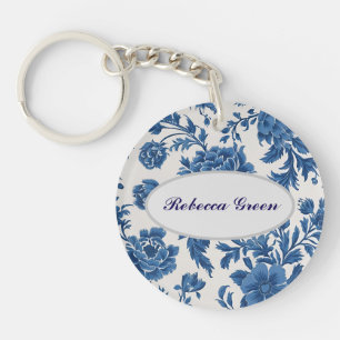 Porte-clés Impression florale d'inspiration victorienne bleue