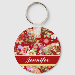 Porte-clés Impression florale japonaise sur rouge