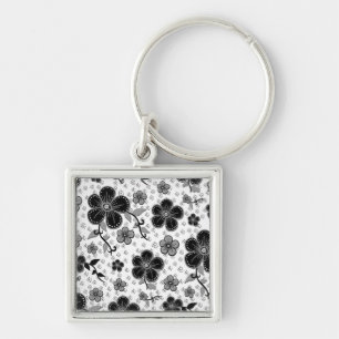 Porte-clés Impression florale noire et blanche