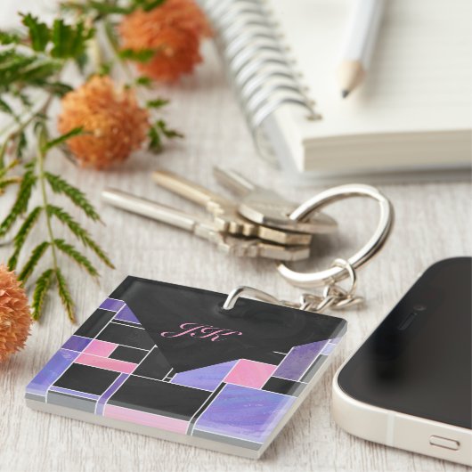 Porte-clés Impression noire violet mondriaque (Devant Droit)