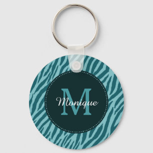 Porte-clés Impression Zèbre Turquoise avec Monogramme et nom