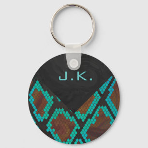 Porte-clés Imprimé serpent brun et sarcelle Monogramme