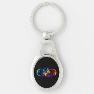Porte-clés Infini vibrant avec papillon arc-en-ciel sur noir