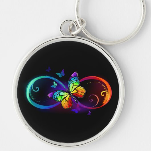 Porte-clés Infini vibrant avec papillon arc-en-ciel sur noir (Devant)
