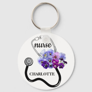Porte-clés Infirmière Stethoscope et Blue Pansy Floral