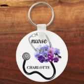 Porte-clés Infirmière Stethoscope et Blue Pansy Floral (Recto)