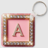 Porte-clés Initiale A Diamant Cadre Doré Paillettes Roses Mon (Dos)