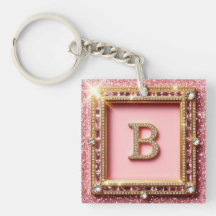 Porte-clés Initiale Diamant B Paillettes Roses Cadre Or Monog