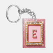 Porte-clés Initiale Diamant E Cadre Doré Fond Pailleté Rose M (Devant gauche)