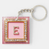 Porte-clés Initiale Diamant E Cadre Doré Fond Pailleté Rose M (Dos)
