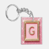 Porte-clés Initiale Diamant G Cadre Or Paillettes Roses Monog (Devant gauche)