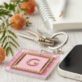 Porte-clés Initiale Diamant G Cadre Or Paillettes Roses Monog (Devant Droit)