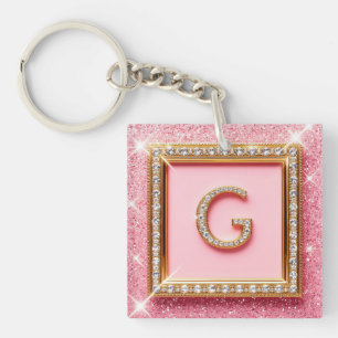 Porte-clés Initiale Diamant G Cadre Or Paillettes Roses Monog