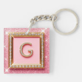 Porte-clés Initiale Diamant G Cadre Or Paillettes Roses Monog (Dos)