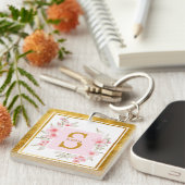 Porte-clés Initiale florale rose | Monogramme élégant de fleu (Devant Droit)