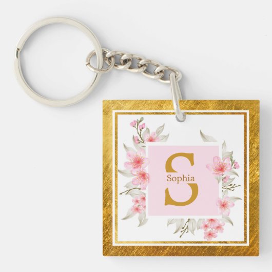 Porte-clés Initiale florale rose | Monogramme élégant de fleu (Devant)