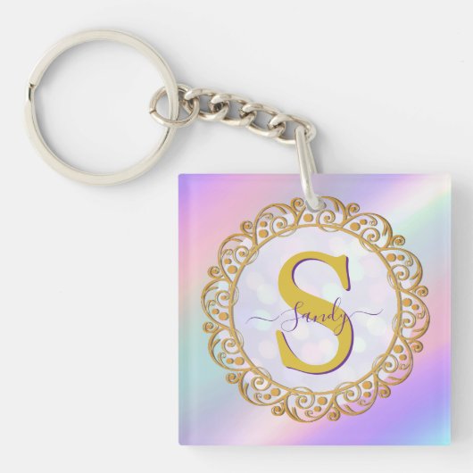 Porte-clés Initiale iridescente chic avec ornement doré (Devant)