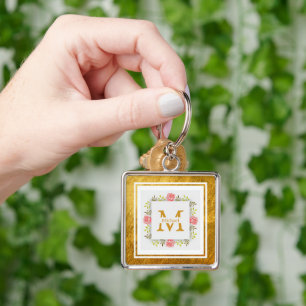 Porte-clés Initiale "M" en monogramme floral - Roses roses et
