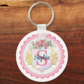Porte-clés Initiale & Monogramme de Nom Floral Élégant (Recto)