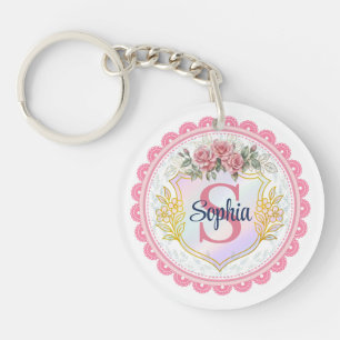 Porte-clés Initiale & Nom de Monogramme Floral Élégant