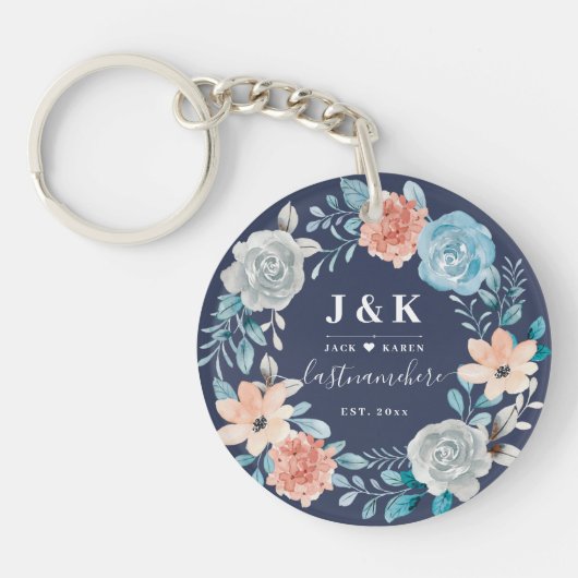 Porte-clés Initiales de monogramme floral Nom de famille pers (Devant)